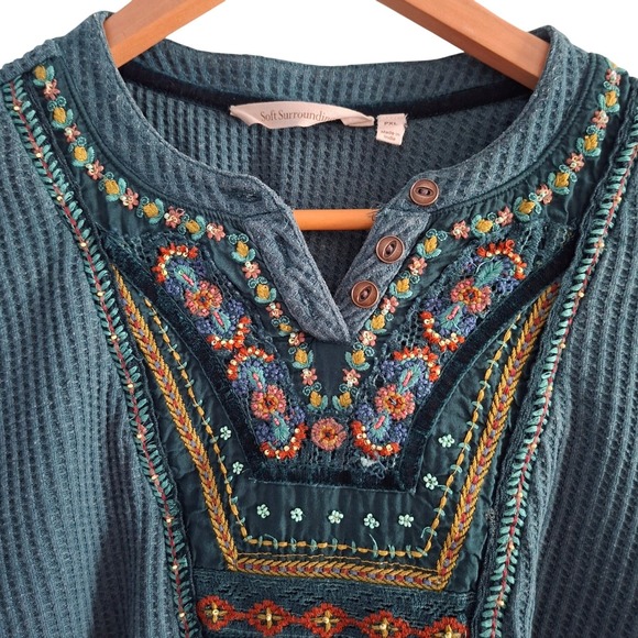 Soft Surroundings Waffle Knit Top Womens PXL Teal Embroidered Boho Henley Blouse - Picture 4 of 4